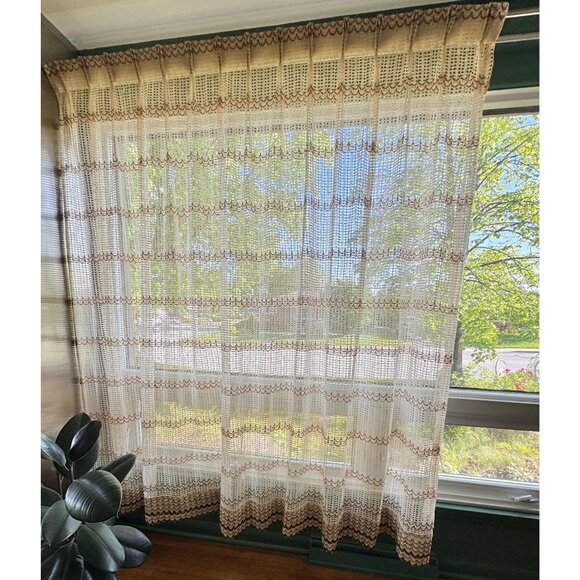 Vintage 70s mesh curtain, tan, brown, rust wavy ombre pattern, pleated panel - Picture 1 of 10
